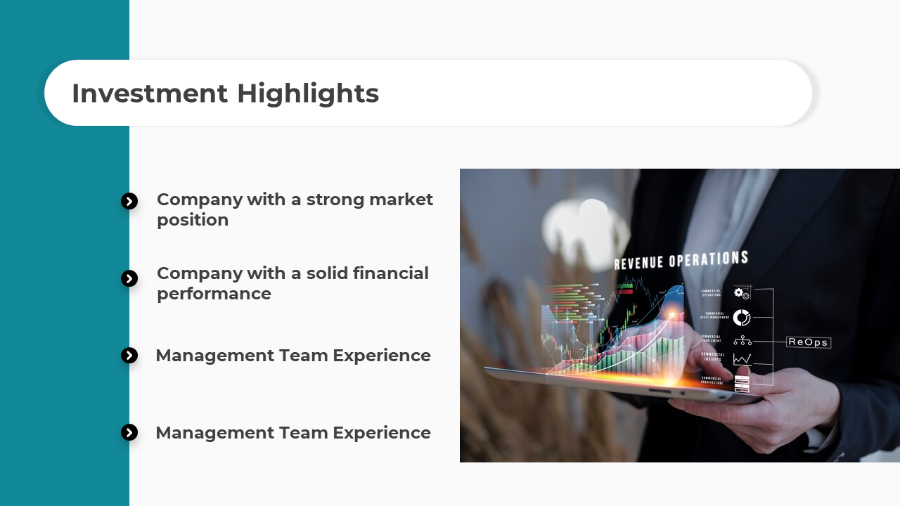 Slide with investment highlights, and an image of a person holding a laptop with a digital graph and data.