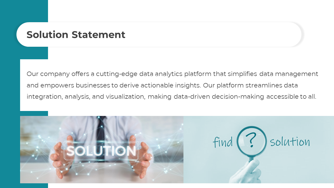 Slide with solution text and images of hands interacting with digital icons and a magnifying glass with a question.