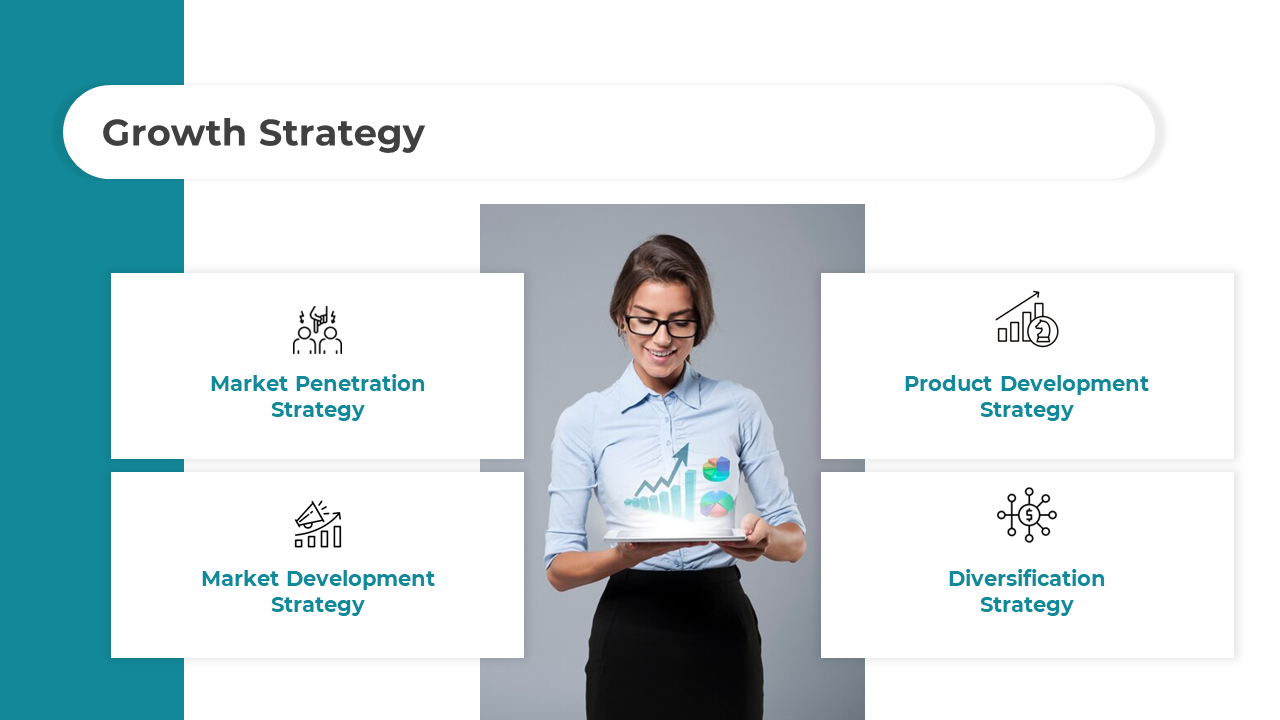 Professional woman holding a tablet displaying business charts, with four icons and text representing strategies.