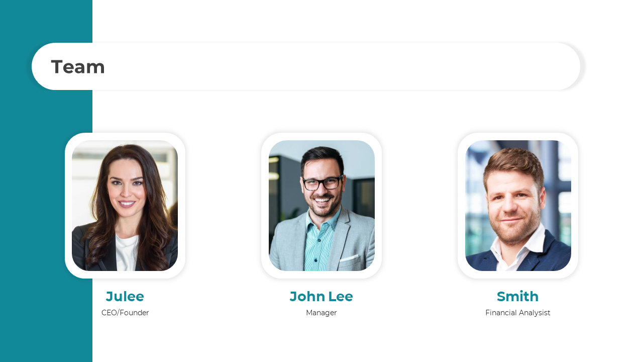 Team slide with three professional portraits in square frames with names and roles, on a white backdrop with teal accents.
