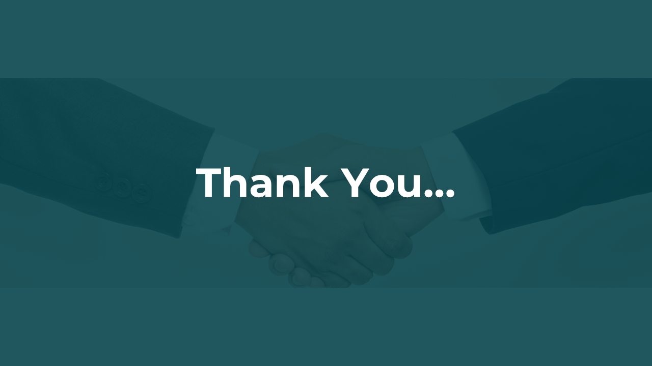 Handshake between two individuals on a teal background with thank you text in bold white letters.