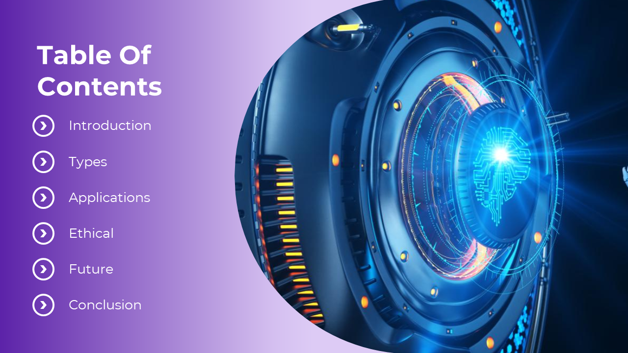 Futuristic AI design with glowing circuit patterns on a dark background, paired with a table of contents.