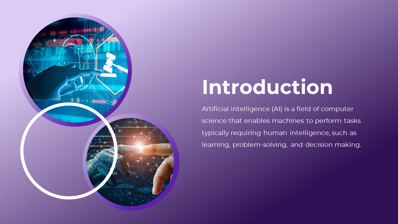 Purple themed slide with two circular images of robotic hands and a digital interface, paired with text.
