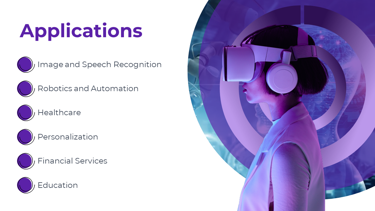 Woman wearing a VR headset, on a purple gradient background featuring circular shapes, and a list of applications.