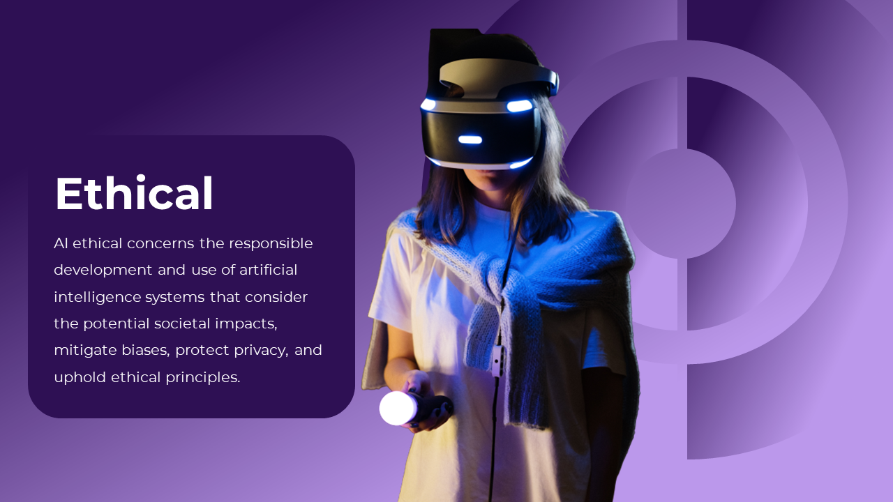 A person wearing VR headset and holding a glowing controller, set against a purple gradient background with circular shapes.