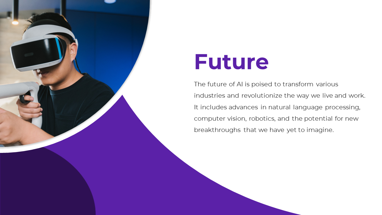 A person using virtual reality gear with a purple gradient background and bold text discussing the future of AI.