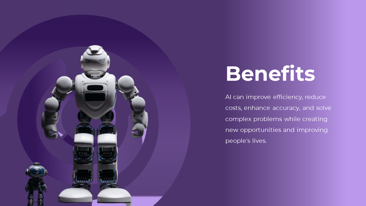 A larger humanoid and smaller robot in front of a purple gradient background, with bold text about the benefits.