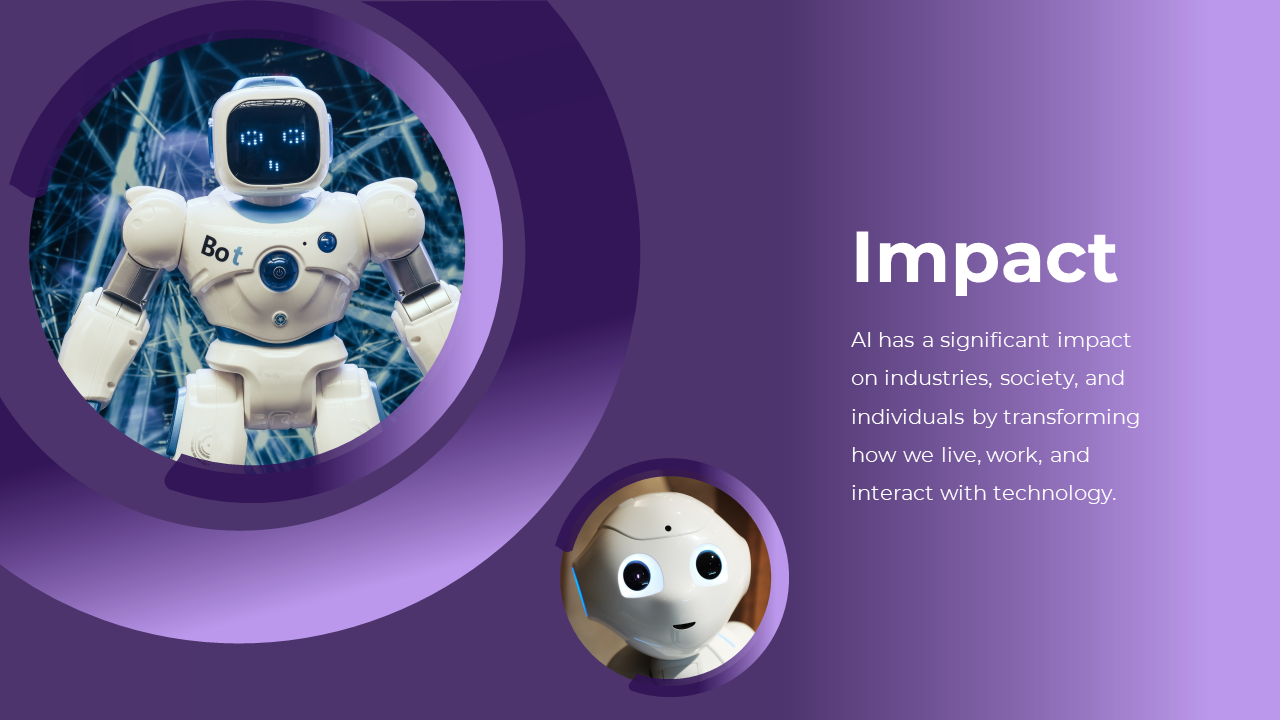 Purple gradient slide with two circular frames featuring robots, with bold white text on the right.
