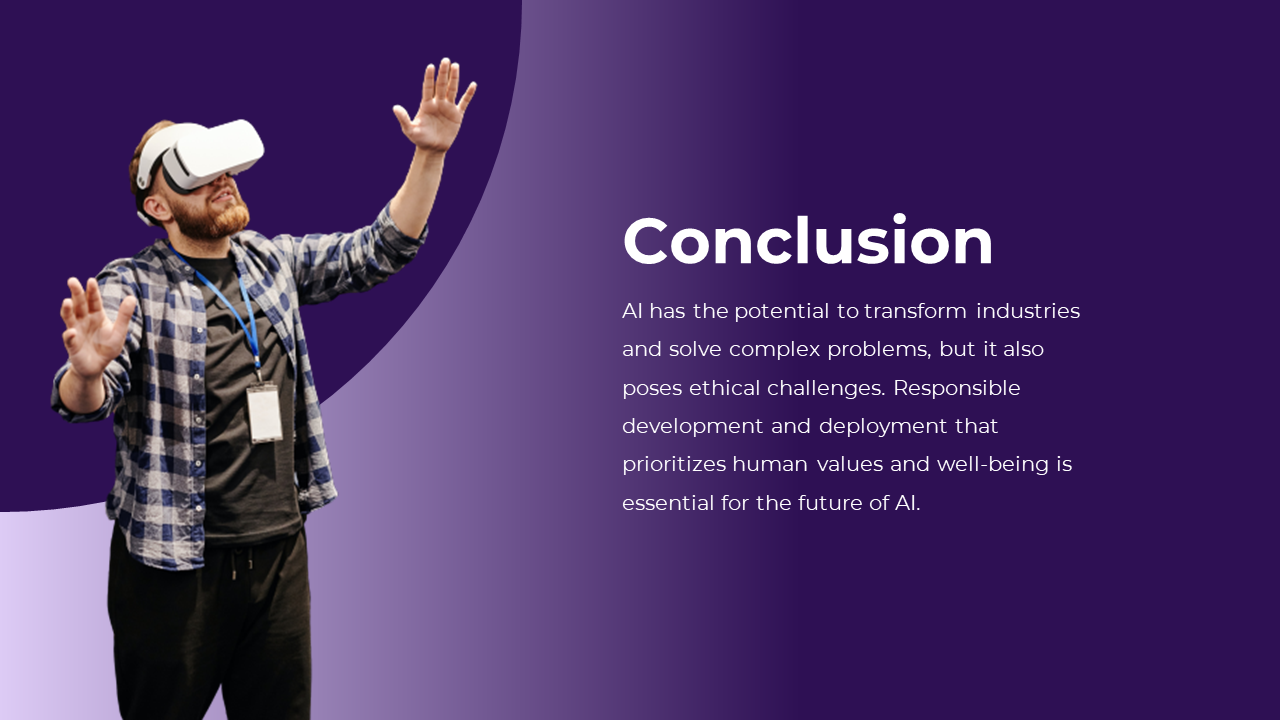 A man wearing virtual reality glasses with raised arms, set against a purple gradient background with text on th right.