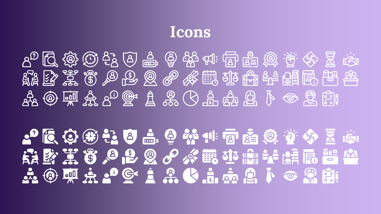 Slide showcasing white outlined and filled icons for social media, communication, and business tools, on a purple gradient.