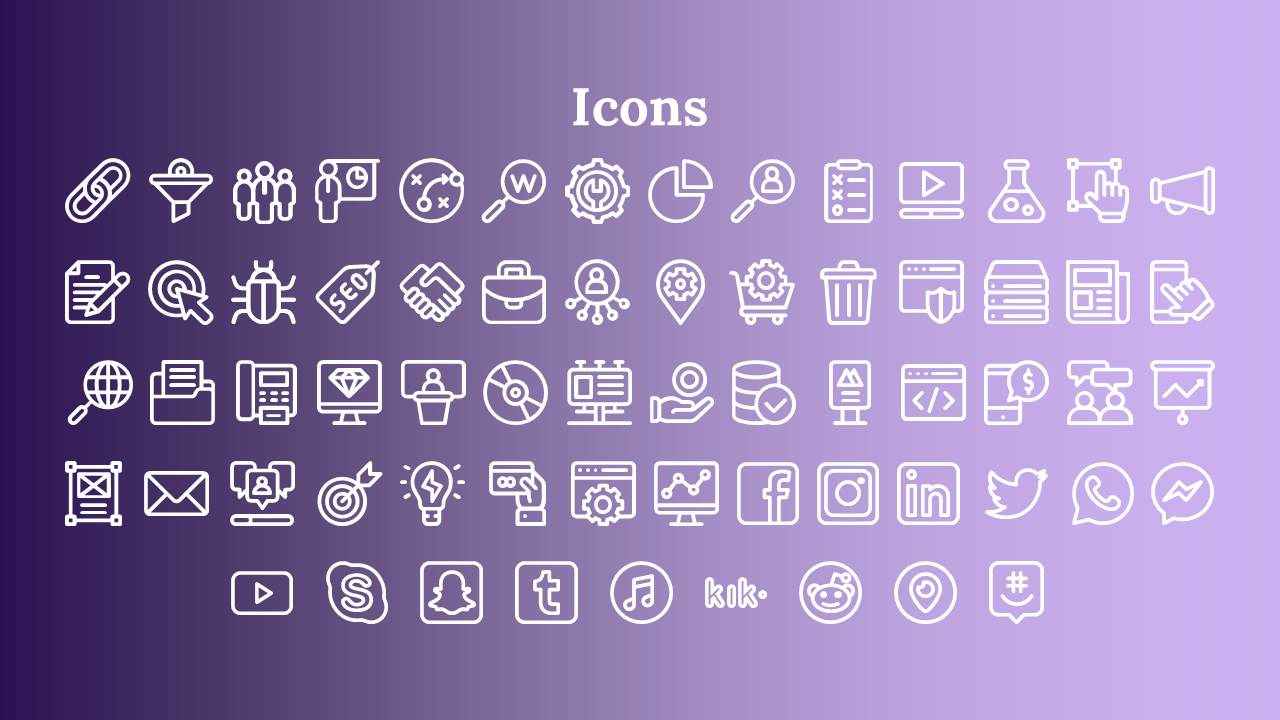 Collection of white icons on a purple gradient background, representing various digital tools and platforms.