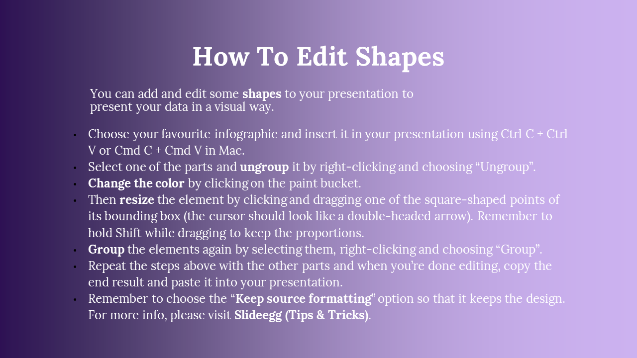 Purple gradient slide with step by step instructions on editing shapes, featuring bullet points and a clean layout.