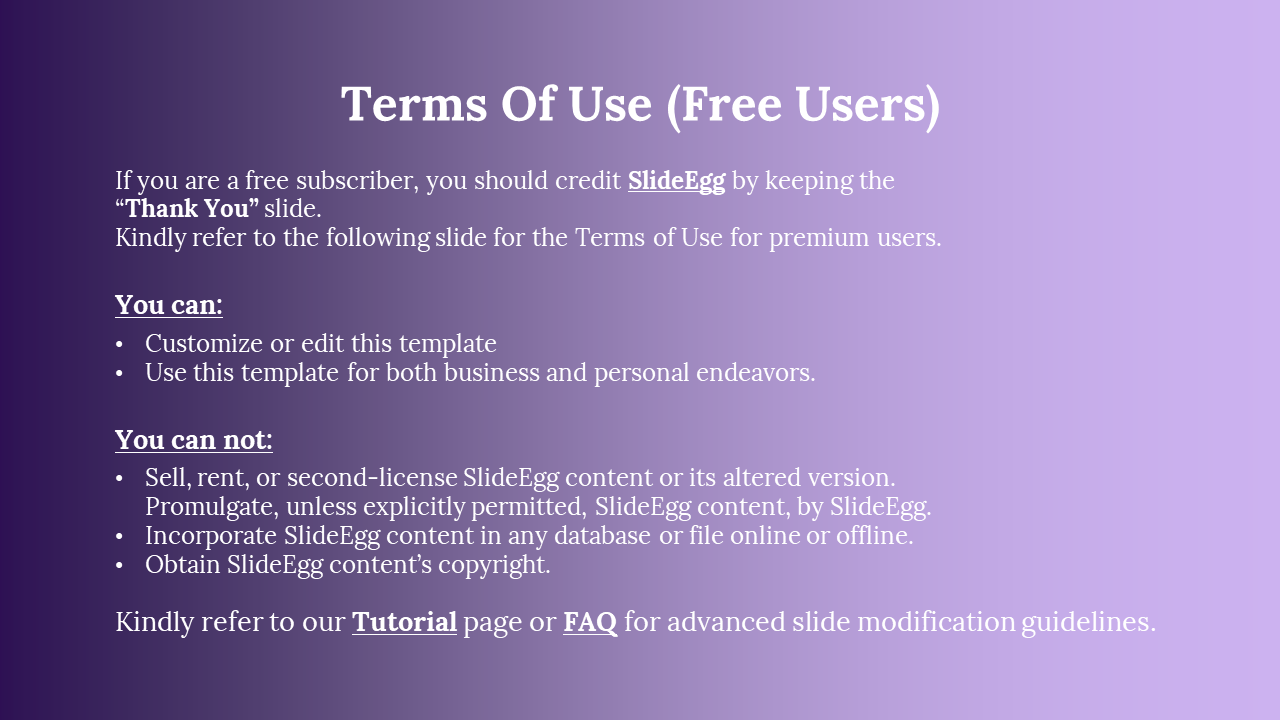 Gradient purple background with bold text and bullet points, offering terms of use for free users with a professional design.