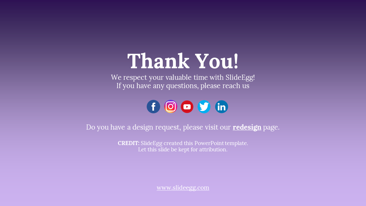 Slide with a gradient purple background, displaying thank you message, contact details, and social media icons at the bottom.