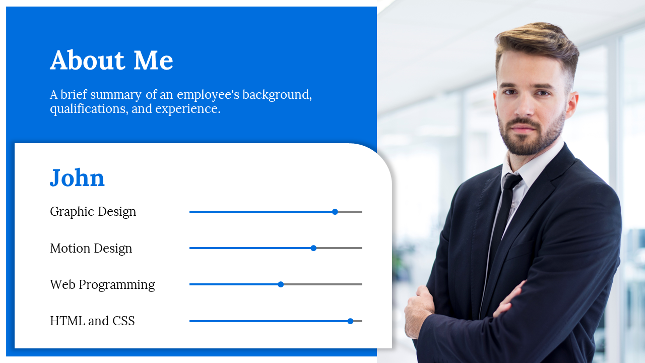 About me slide with a blue header, skill descriptions, and progress bars next to a portrait of a man in a business suit.