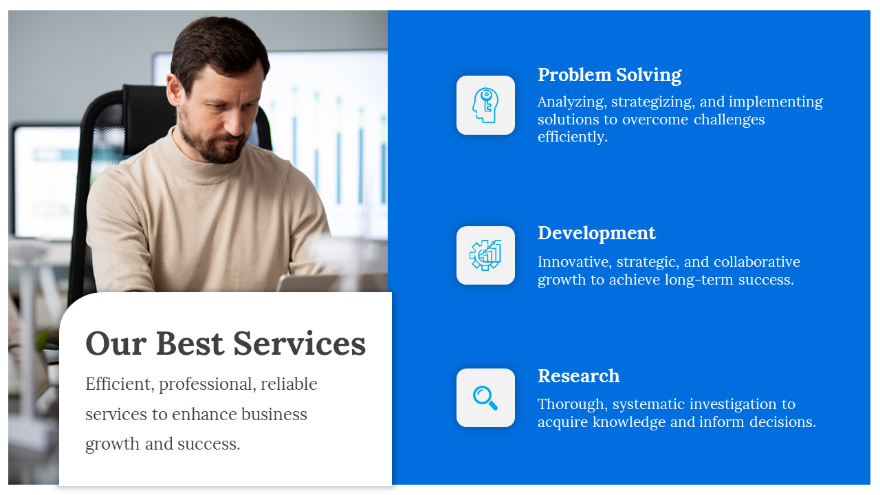 Slide with three blue icons and service text, featuring an image of a person working on a laptop in the background.