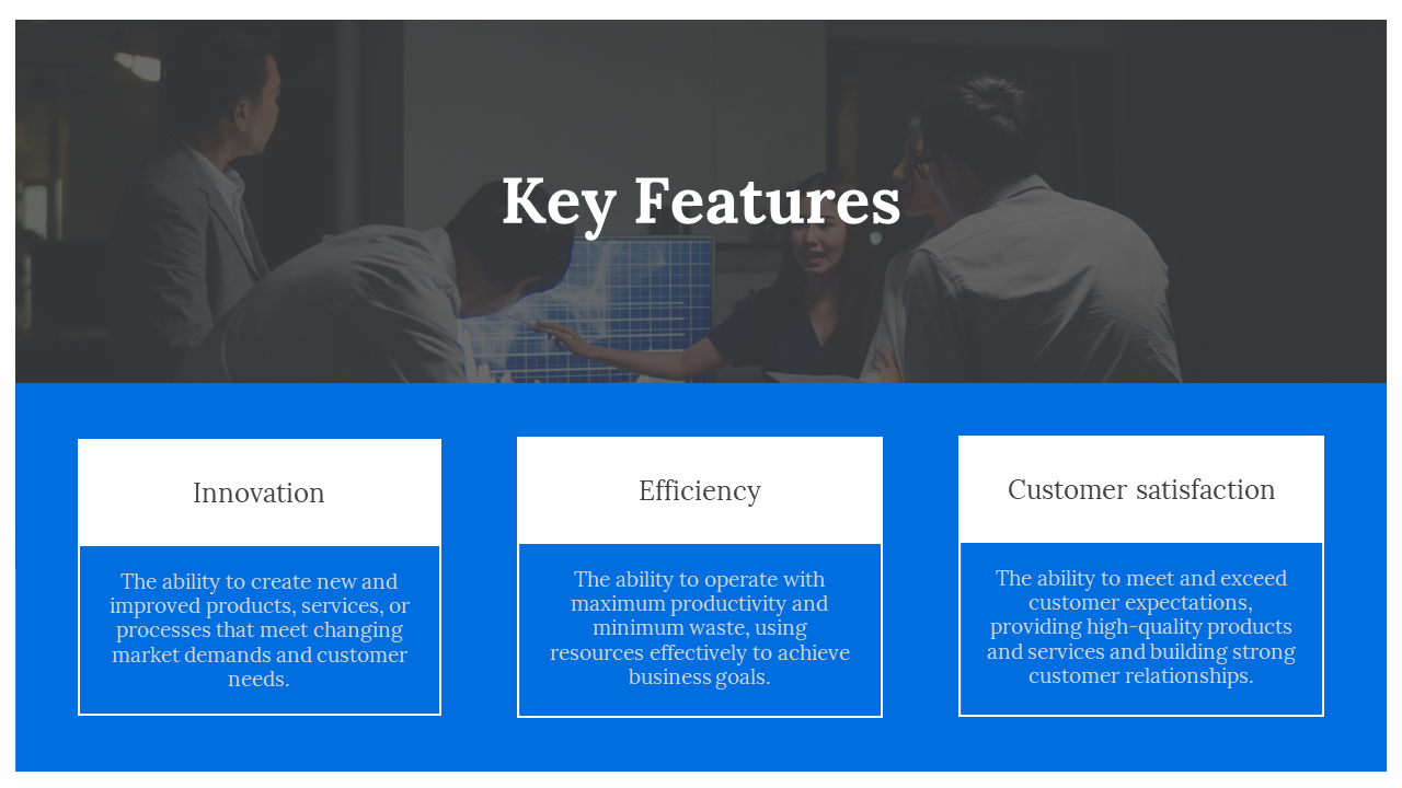 Blue layout with three rectangular boxes below a white header, featuring a collaborative team image in the background.