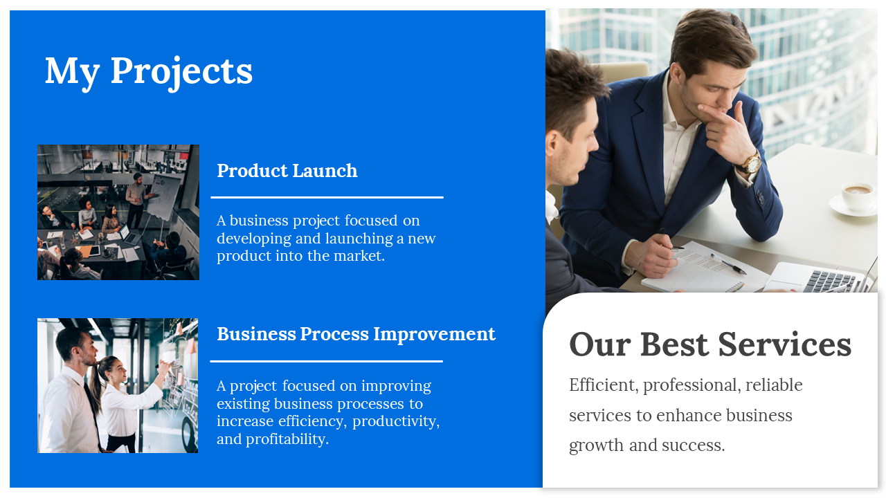 Blue themed template featuring project descriptions and images of business teams, and a white box on the right.
