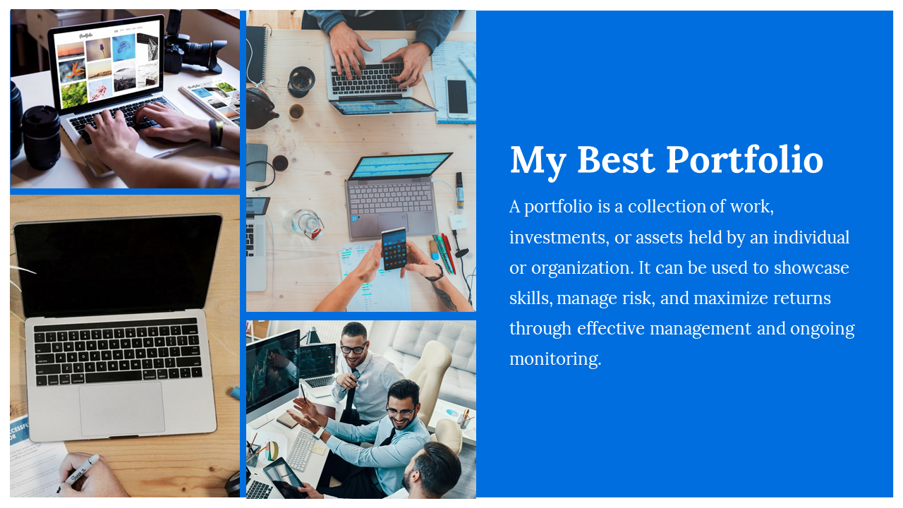 Portfolio presentation with multiple images of laptops and workspace setups, framed with a blue right text section.