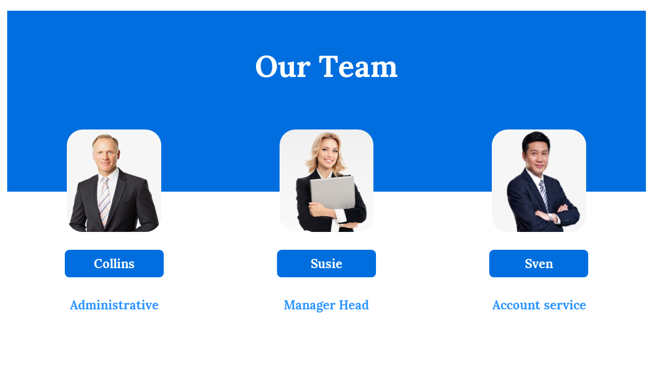 Professional layout featuring three rounded portraits on a white background with a bold blue header.