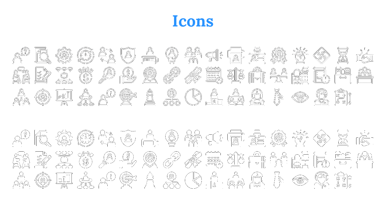Set of professional icons representing teamwork, finance, planning, and strategy, shown in both outline and solid variations.