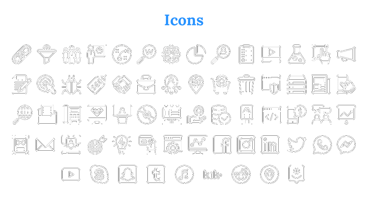 Set of black outline icons, including symbols for social media platforms, business functions, and various digital tools.
