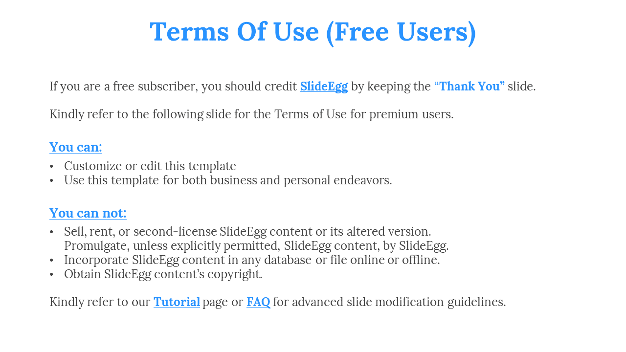 Legal slide with terms for free users, listing customization rights and restrictions, with blue title.