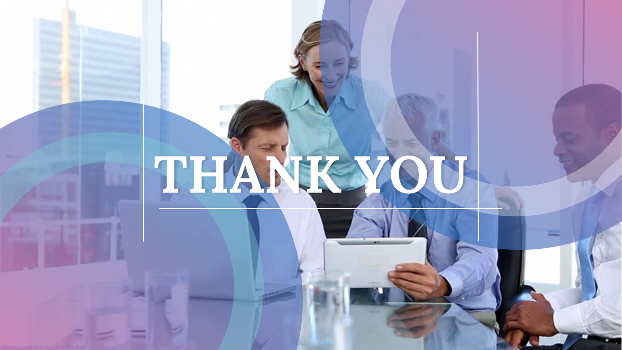 Thank you slide with a group of colleagues discussing over a tablet, with a modern pink and blue circle overlay.