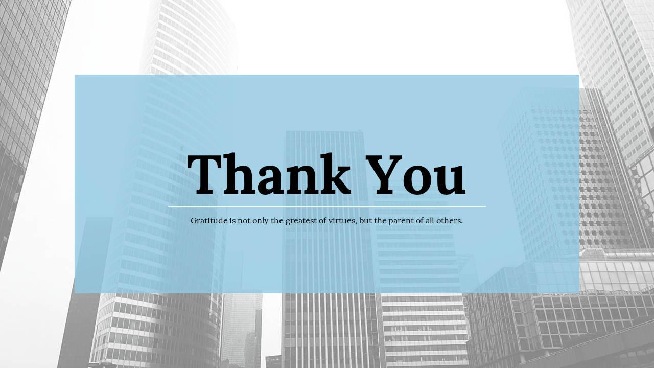 Modern thank you slide featuring a city skyline background, and a blue overlay with bold dark title.