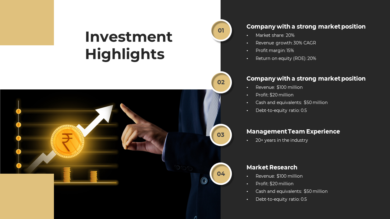 Graph with an upward trend representing company growth, along with key investment highlights and financial details.
