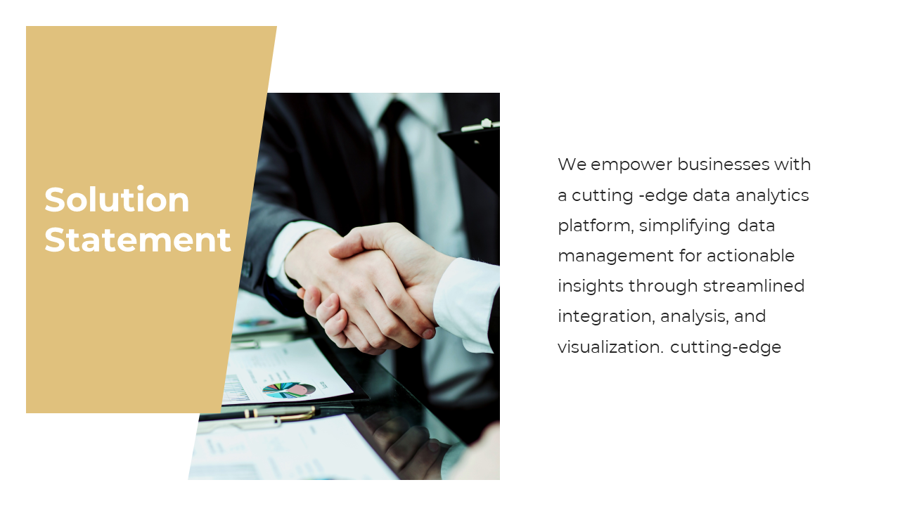 Business professionals shaking hands symbolizing a solution driven partnership, alongside charts and graphs on a white theme.