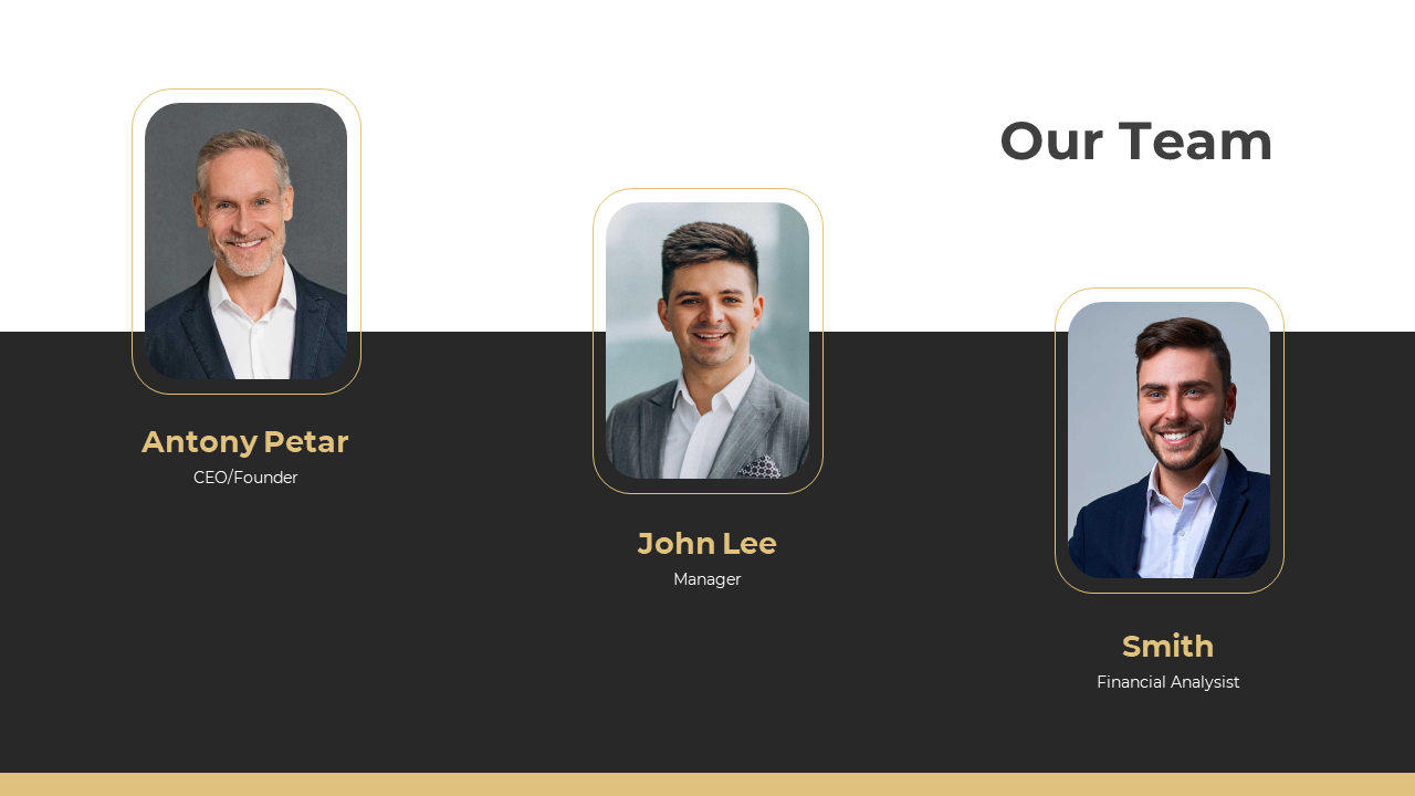 Team photo featuring three members Antony Petar, CEO or Founder, John Lee, Manager, and Smith, Financial Analyst.