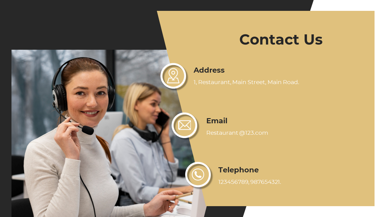Customer service team contact information, with a woman wearing a headset, including address, email, and telephone details.