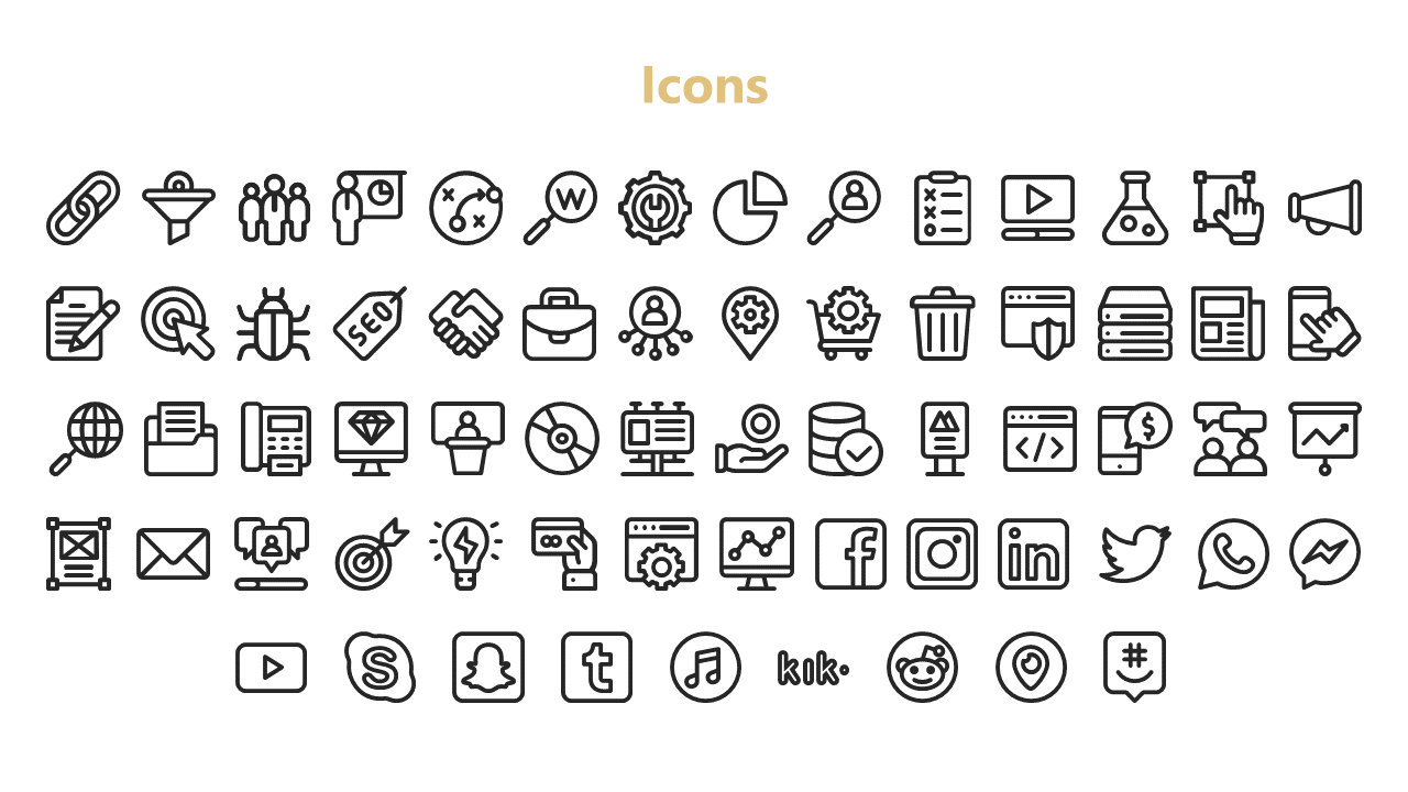 Collection of various business and social media icons, including links, SEO, analytics, and popular social platforms.