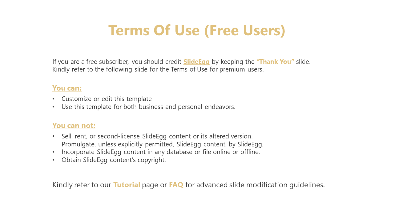 Terms of use for free SlideEgg users, outlining rights to customize, edit, and use templates, while prohibiting selling.