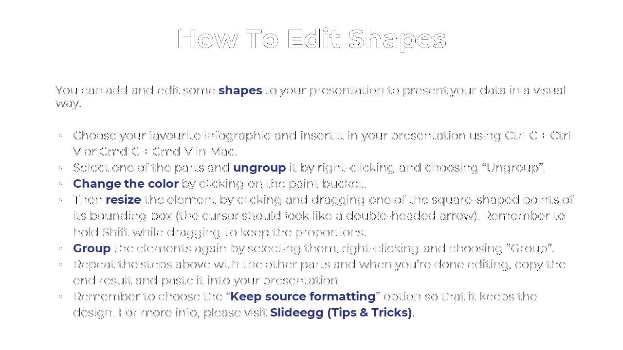 Tutorial slide on editing shapes, providing detailed instructions on color changes, resizing, and grouping elements.