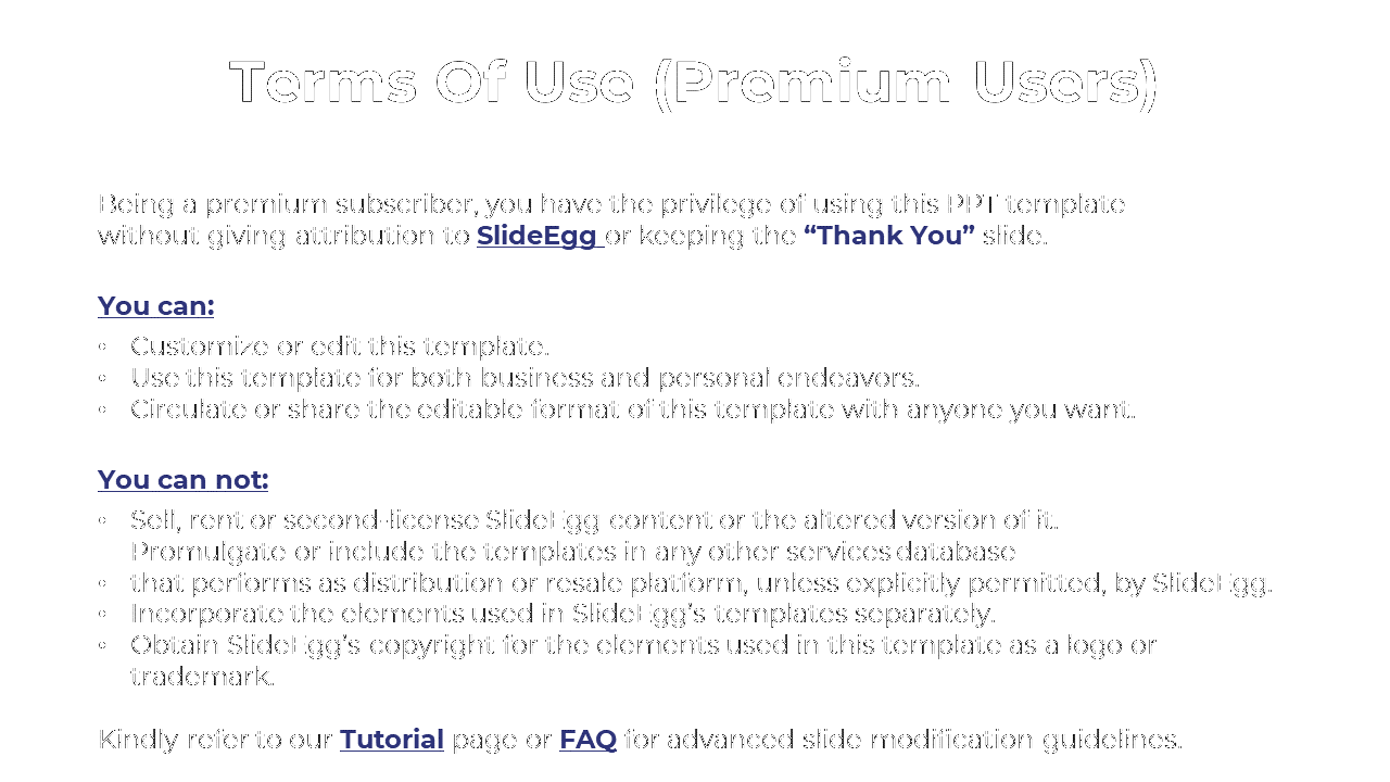 Terms of use slide with instructions for premium subscribers, listing customizable options and limitations.