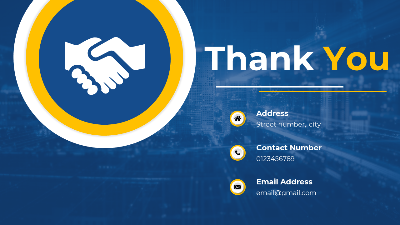 Thank you slide featuring a handshake icon in a yellow and white circle, with contact info and a blue cityscape background.