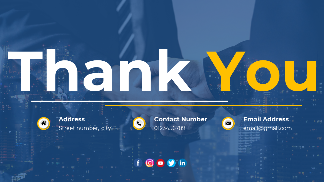 Thank you slide with large white and yellow text, contact details below, and a handshake overlaid on a cityscape background.