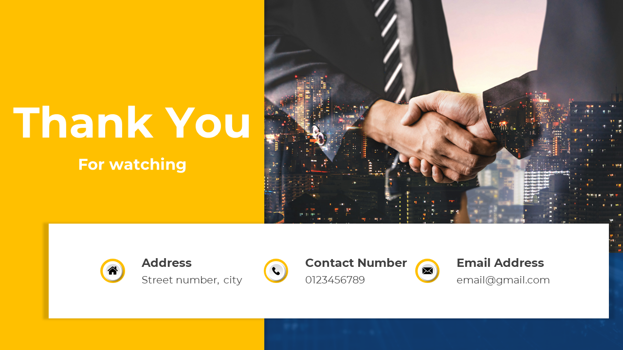 Thank you slide with a yellow background, showing a handshake image, and contact info icons in a white rectangular box.