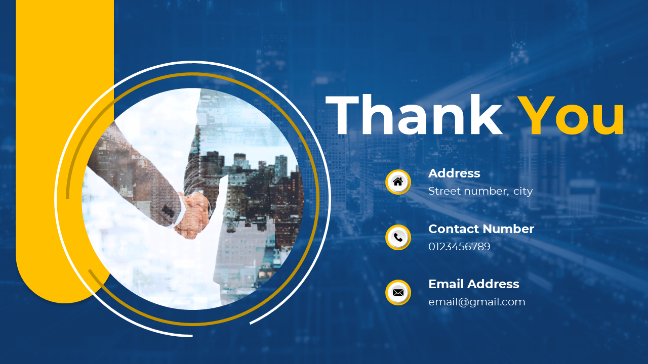 Thank you slide with yellow and blue circles, displaying contact info and a handshake background with a cityscape.