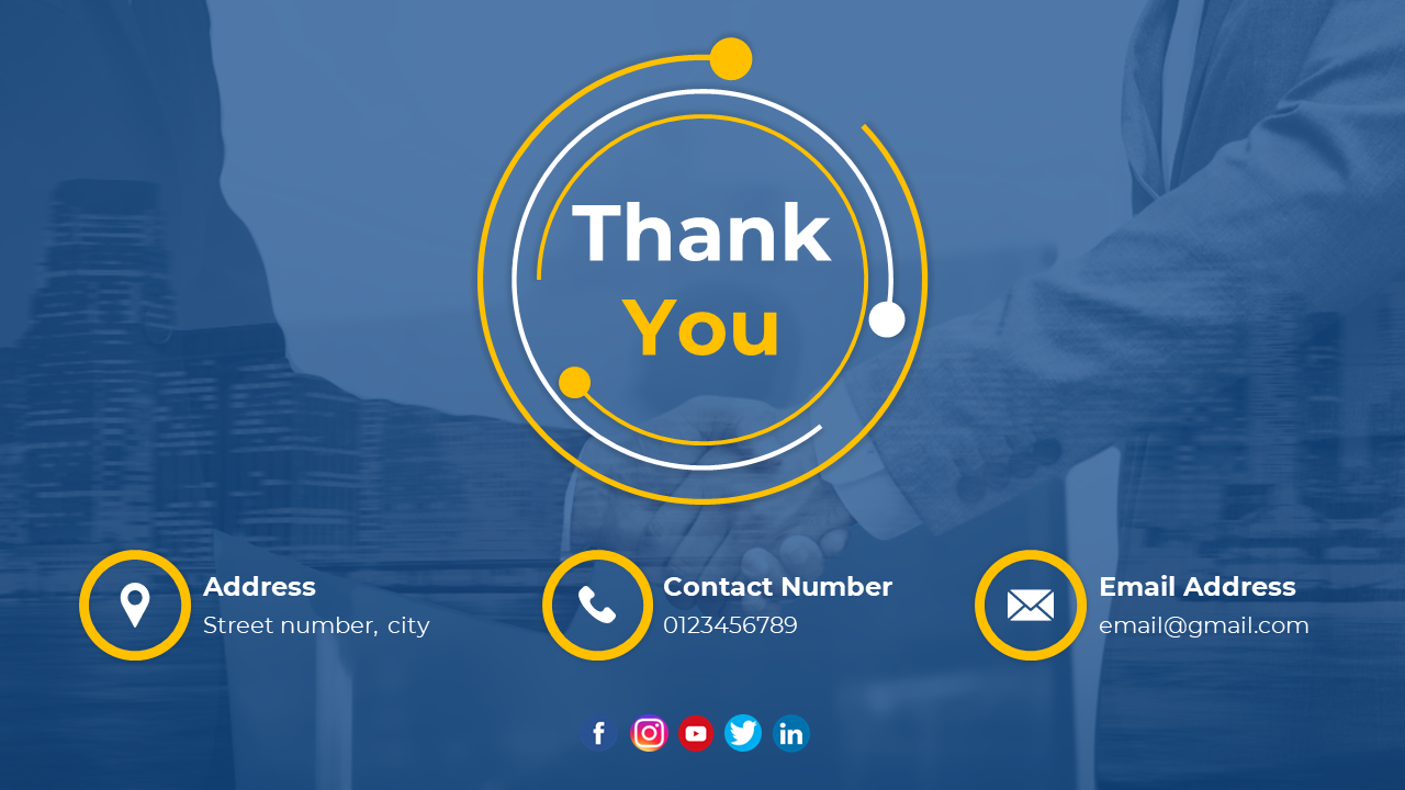 Thank you slide with a circular design in yellow and white, featuring contact icons, over a handshake background.