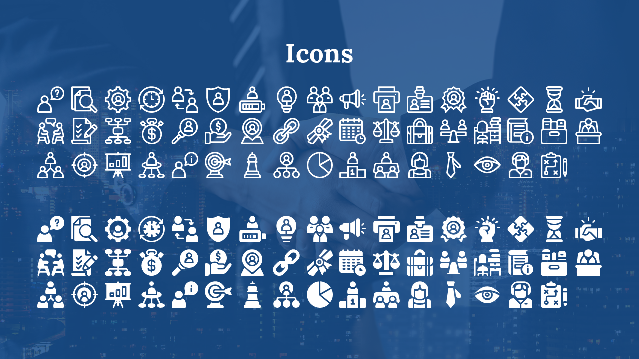 Slide with white outlined and filled icons arranged in rows on a blue background with a subtle handshake overlay.
