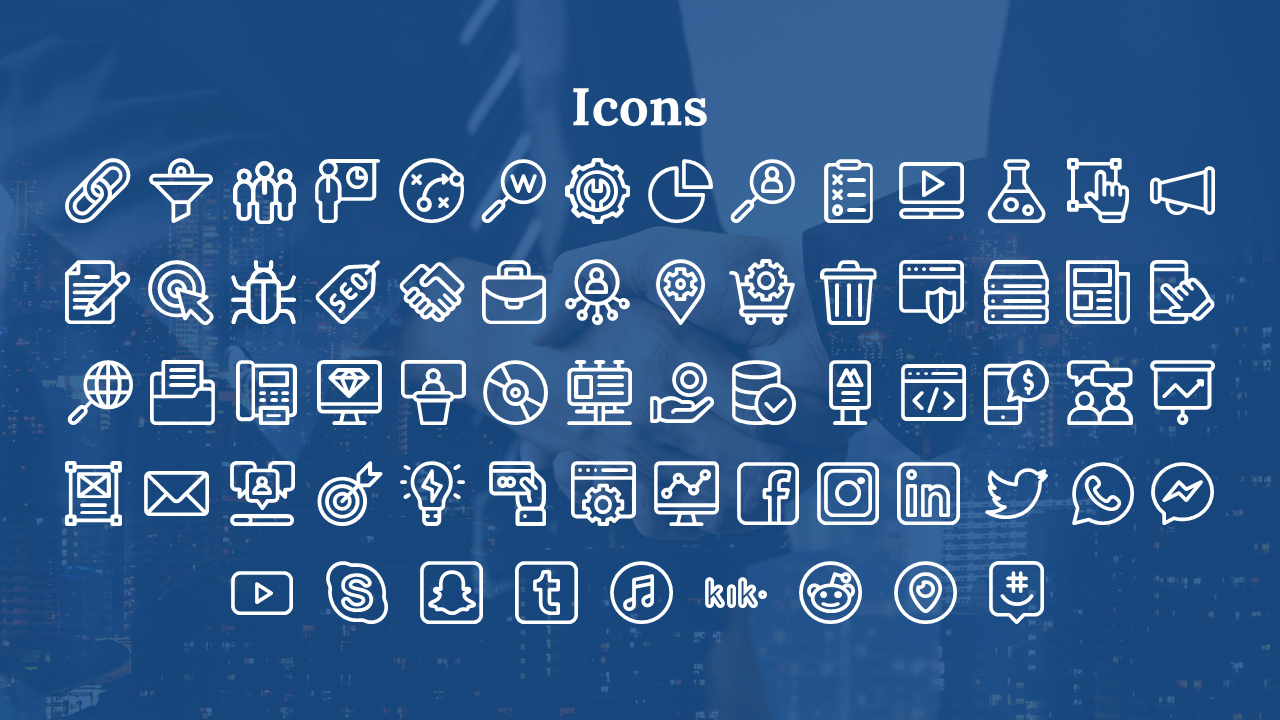 Slide with multiple white outlined icons on a blue handshake background, arranged in rows under the title.