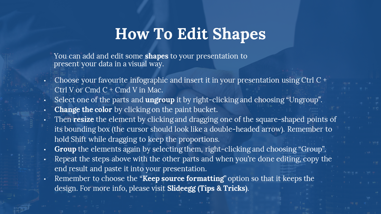 Slide detailing the process for editing shapes in PowerPoint, with visual instructions and a handshake blue background.