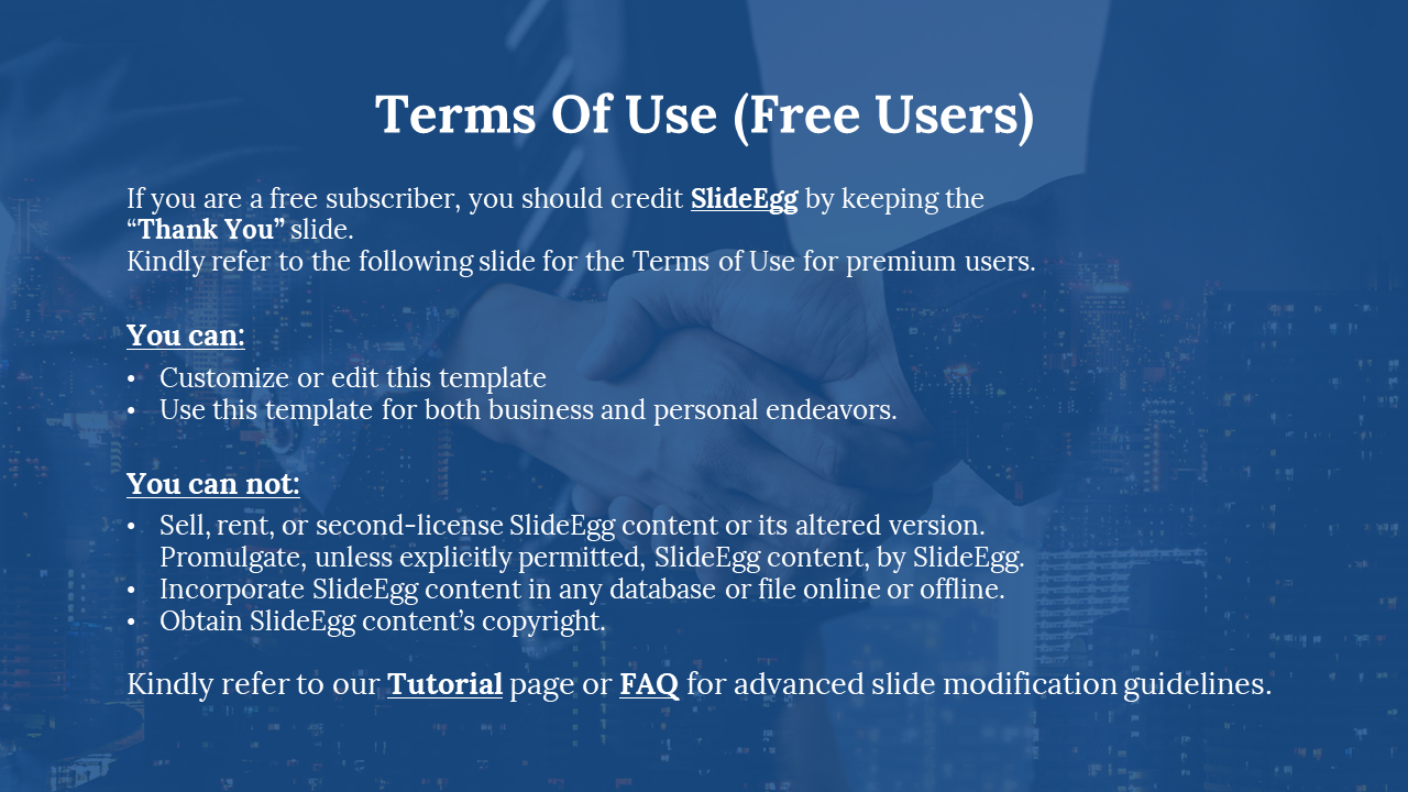 Terms of use slide for free users, with guidelines and restrictions on usage, set against a blue handshake background.