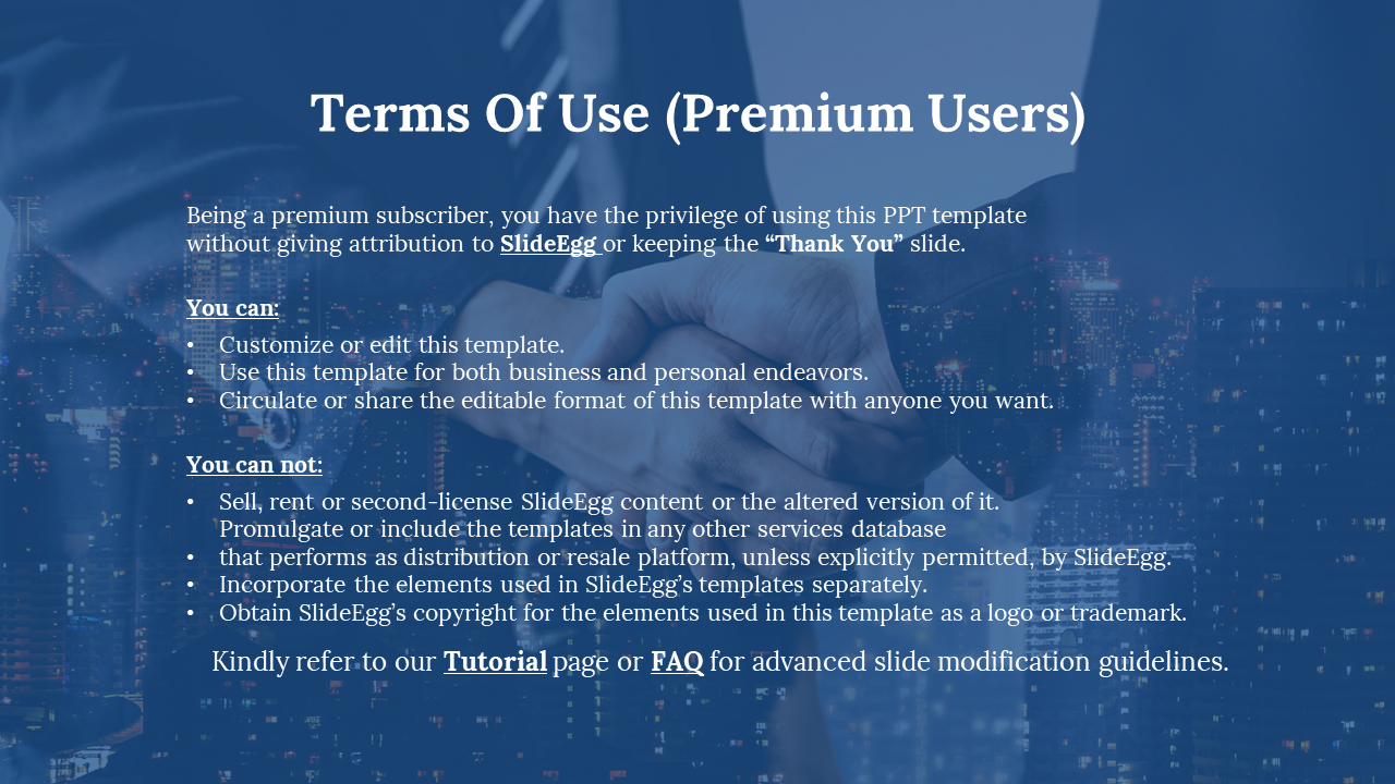 Slide showing the terms of use for premium subscribers, listing allowed and prohibited actions, on a blue handshake backdrop.