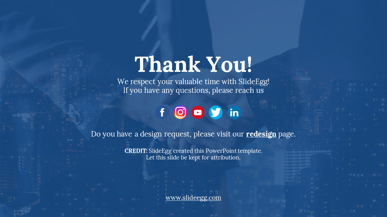 Thank you slide with a blue background and a handshake image, featuring social media icons and a design request message.