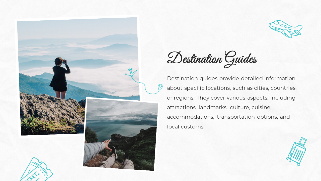 Slide featuring two polaroid style images showcasing scenic travel views, with text and teal travel themed icons.