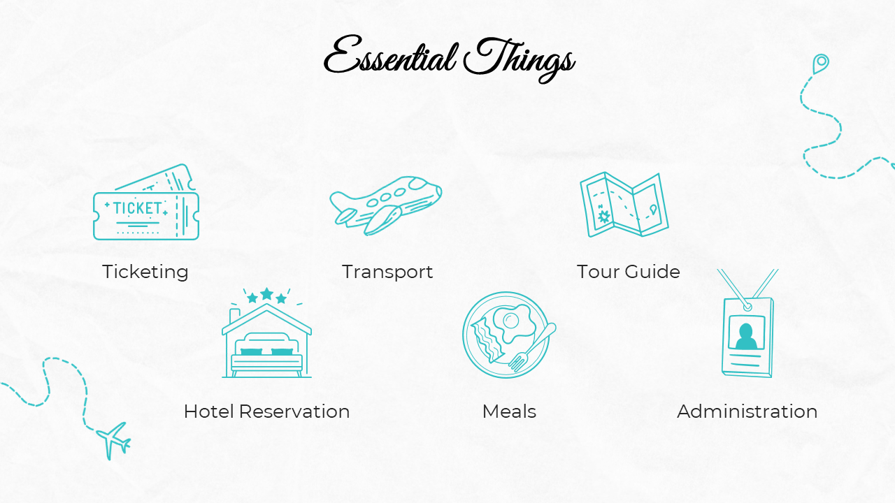 Slide with a white background, featuring six teal icons representing key travel essentials, such as ticketing, and meals.